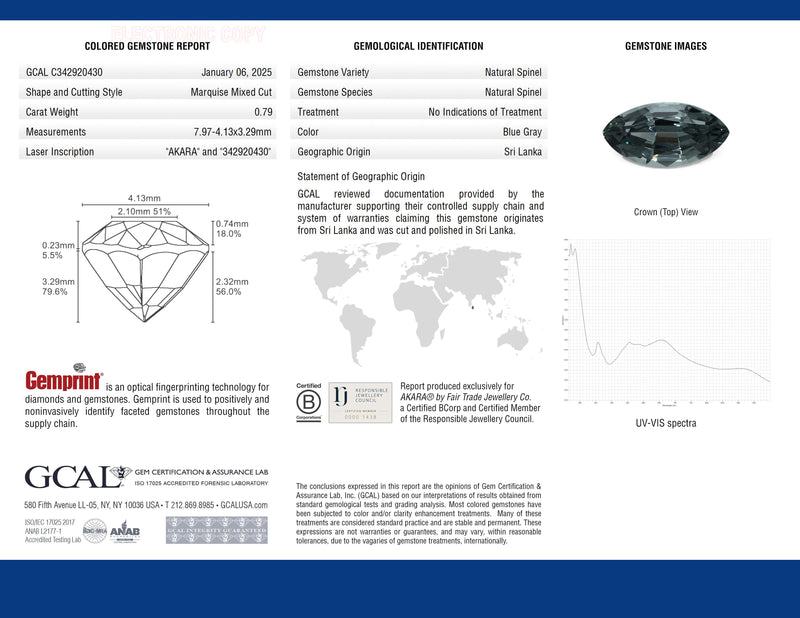 0.79 ct Teal Grey Marquise Mixed Cut AKARA Sri Lanka Spinel