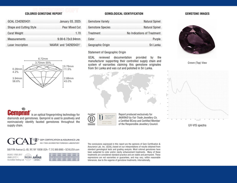 1.70 ct Plum Purple Pear Mixed Cut AKARA Sri Lanka Spinel