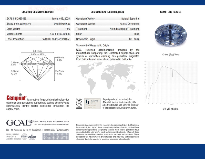 1.06 ct Blue Oval Mixed Cut AKARA Sri Lanka Sapphire
