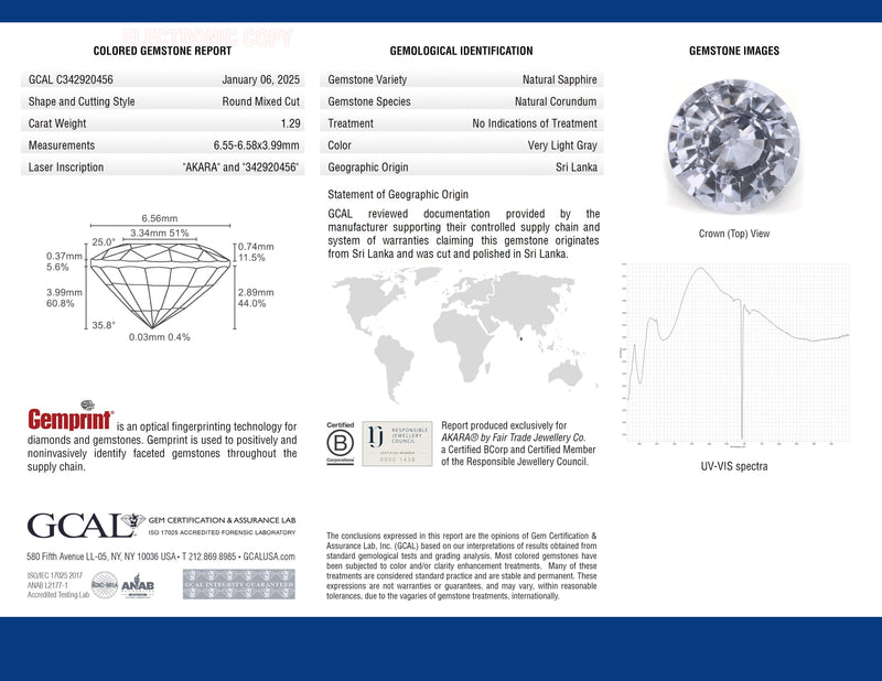 1.29 ct Blue Nuance Light Grey Round Mixed AKARA Sri Lanka Sapphire