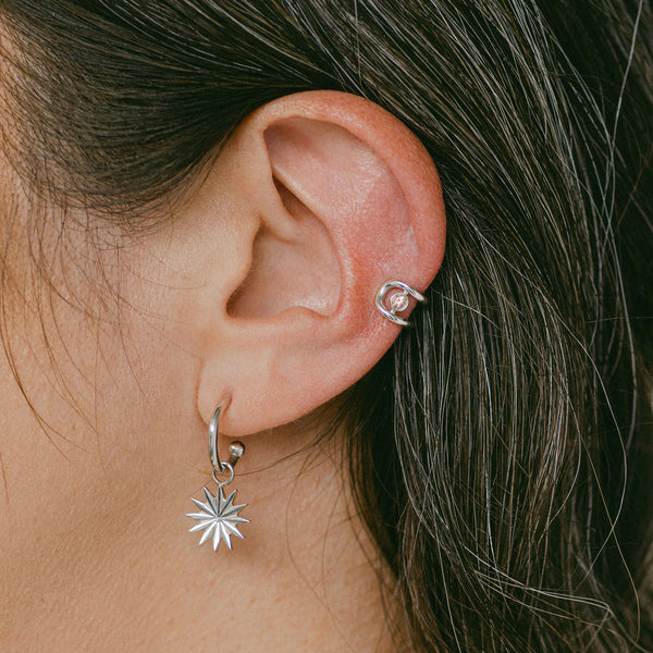 Sunburst Charm Hoops in Silver