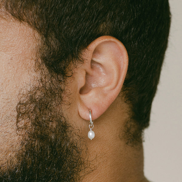 Pearl Charm Hoops in Silver