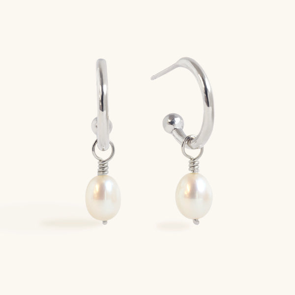 Pearl Charm Hoops in Silver