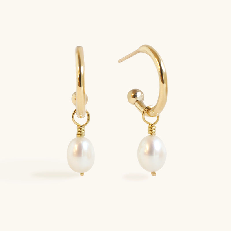 Pearl Charm Hoops in Yellow Gold