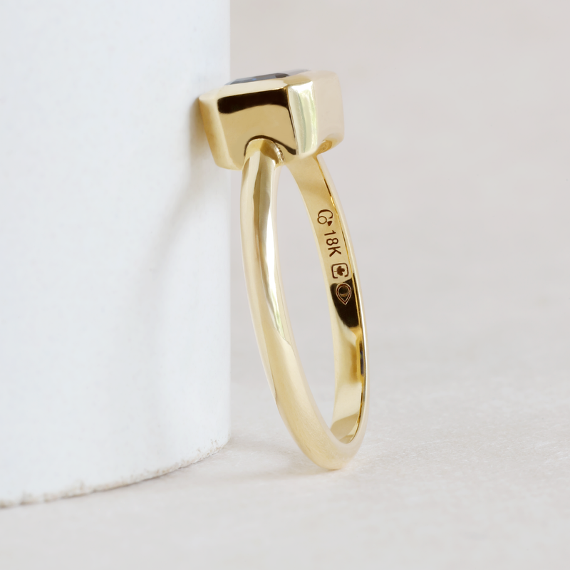 Ethical Jewellery & Engagement Rings Toronto - 1.21 ct Deep Water Blue Customized Rectangular Wren Bezel Ring in Yellow Gold - FTJCo Fine Jewellery & Goldsmiths