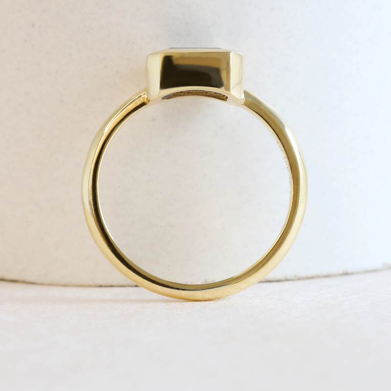 Ethical Jewellery & Engagement Rings Toronto - 1.21 ct Deep Water Blue Customized Rectangular Wren Bezel Ring in Yellow Gold - FTJCo Fine Jewellery & Goldsmiths