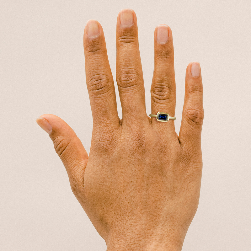 Ethical Jewellery & Engagement Rings Toronto - 1.21 ct Deep Water Blue Customized Rectangular Wren Bezel Ring in Yellow Gold - FTJCo Fine Jewellery & Goldsmiths