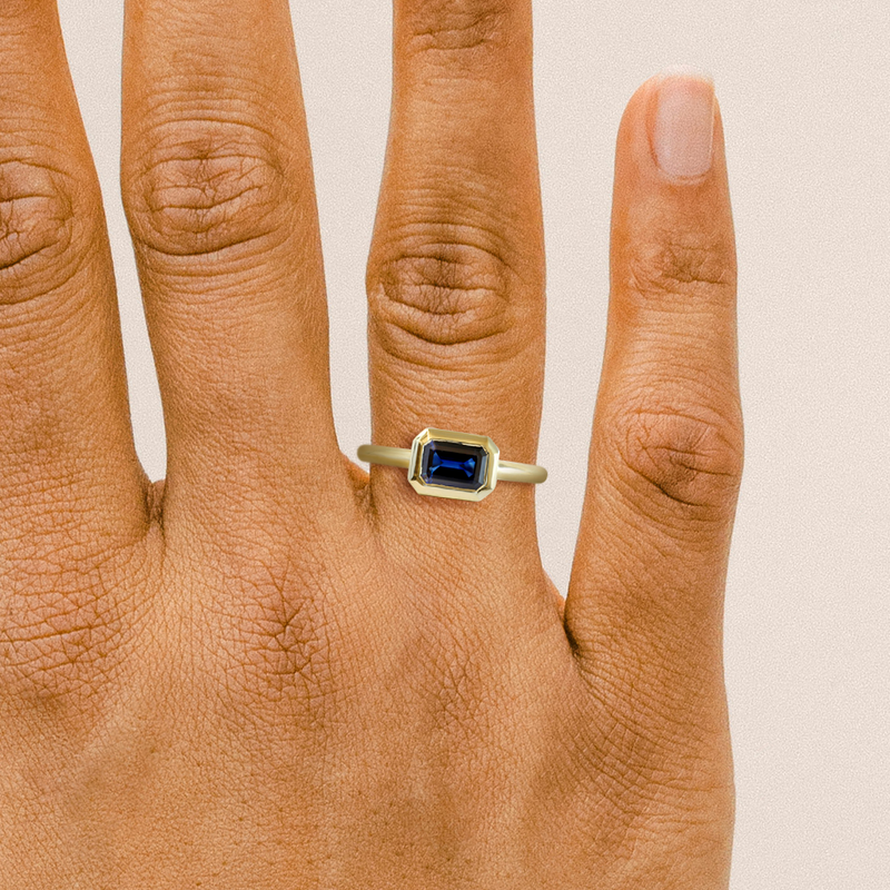 Ethical Jewellery & Engagement Rings Toronto - 1.21 ct Deep Water Blue Customized Rectangular Wren Bezel Ring in Yellow Gold - FTJCo Fine Jewellery & Goldsmiths