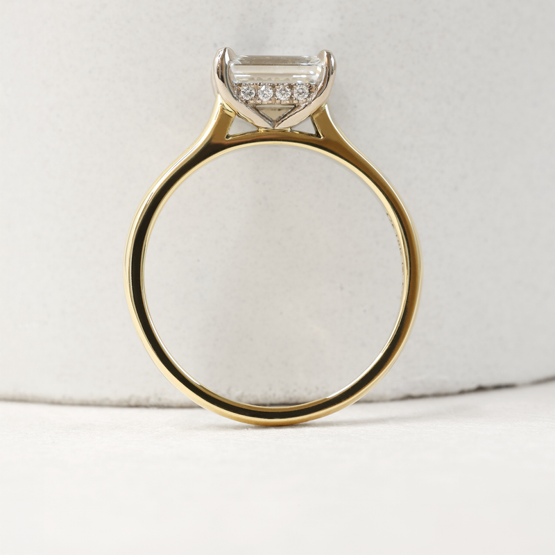 1.09 ct Horizontal Emerald-cut Bi-Colour Love Note with Partial Hidden Halo in Yellow and White Gold