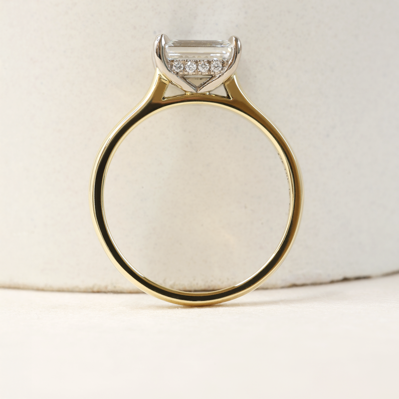 1.09 ct Horizontal Emerald-cut Bi-Colour Love Note with Partial Hidden Halo in Yellow and White Gold