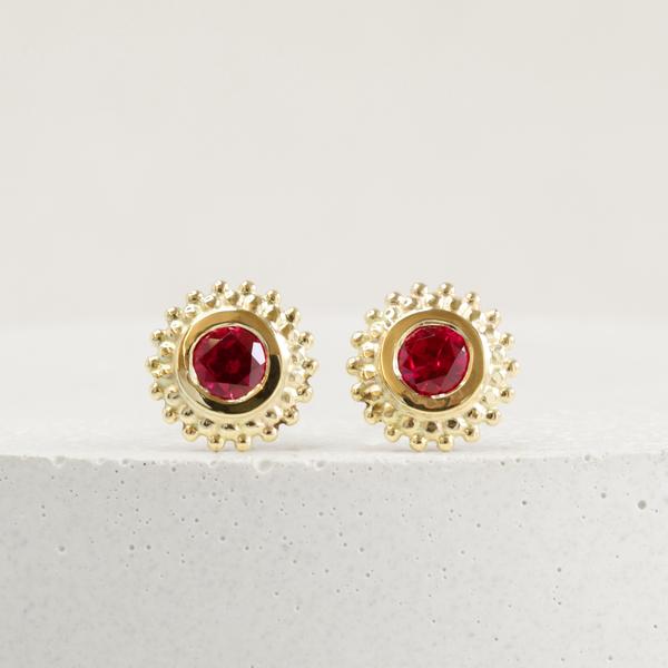 0.26 tcw Red Lab Grown Ruby Dahlia Studs in Yellow Gold