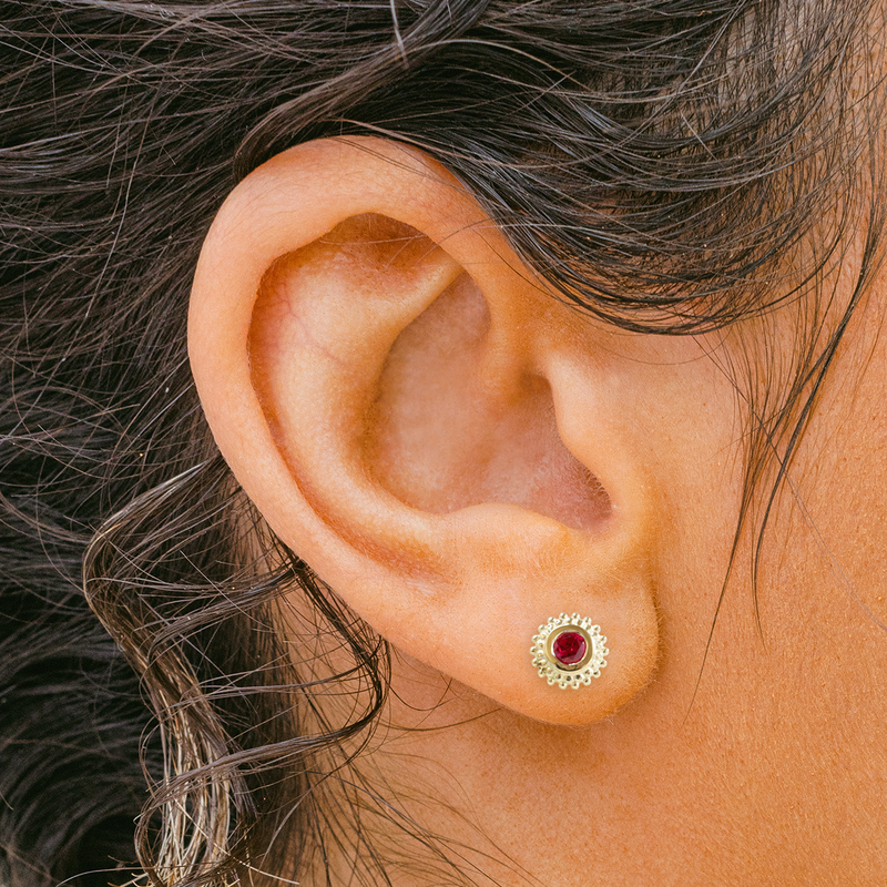 0.26 tcw Red Lab Grown Ruby Dahlia Studs in Yellow Gold