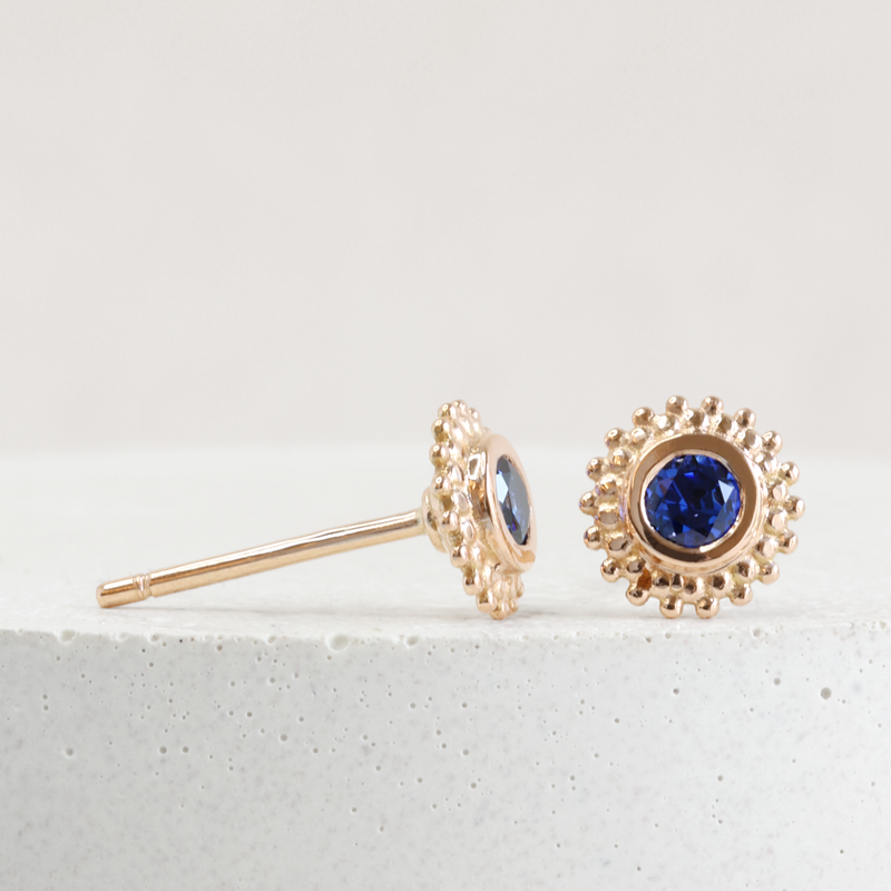 0.25 tcw Medium Blue Lab Grown Sapphire Dahlia Studs in Rose Gold