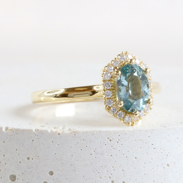 Ethical Jewellery & Engagement Rings Toronto - 0.89 ct Light Teal Montana Sapphire Oval Hex Halo in Yellow - FTJCo Fine Jewellery & Goldsmiths