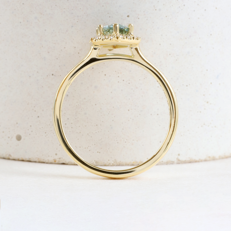 Ethical Jewellery & Engagement Rings Toronto - 0.89 ct Light Teal Montana Sapphire Oval Hex Halo in Yellow - FTJCo Fine Jewellery & Goldsmiths