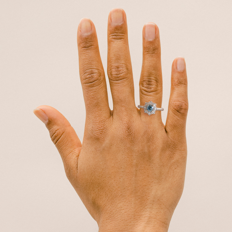 Ethical Jewellery & Engagement Rings Toronto - 0.60 Ct Icy Blue Montana Sapphire Flora Halo In White - FTJCo Fine Jewellery & Goldsmiths