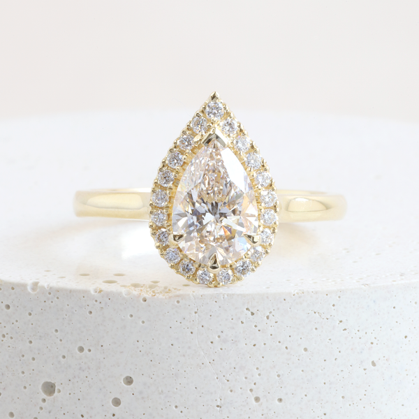 Ethical Jewellery & Engagement Rings Toronto - 1.09 ct Peach Blush Pear Love Note Halo in Yellow - FTJCo Fine Jewellery & Goldsmiths
