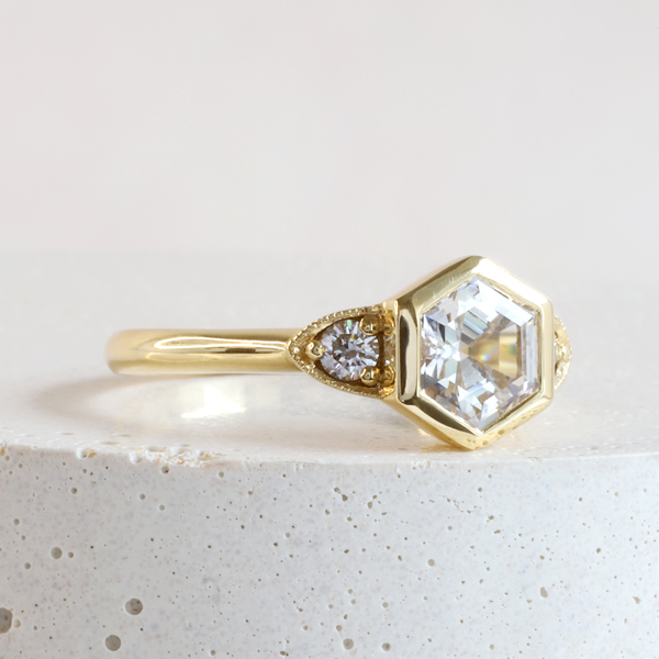 Ethical Jewellery & Engagement Rings Toronto - 1.14 ct White Lab Grown Sapphire Hex Three Stone Bezel Ring in Yellow - FTJCo Fine Jewellery & Goldsmiths