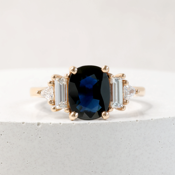 1.48 ct Blackish-Blue Cushion cut Sapphire Five Stone Ring in 18K Rose Gold Five Stone Ring