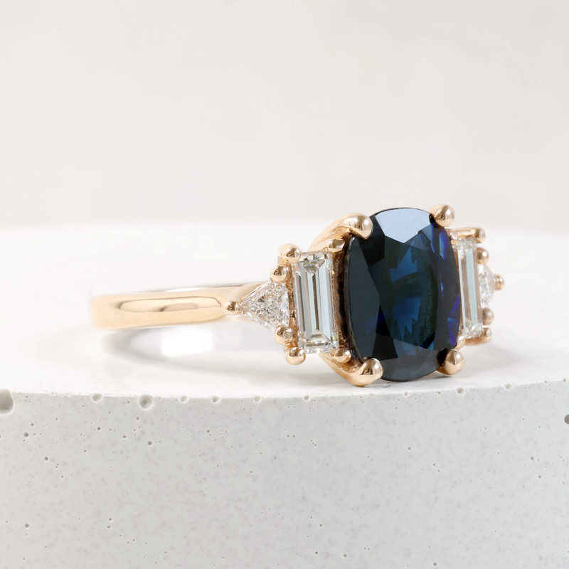 1.48 ct Blackish-Blue Cushion cut Sapphire Five Stone Ring in 18K Rose Gold Five Stone Ring