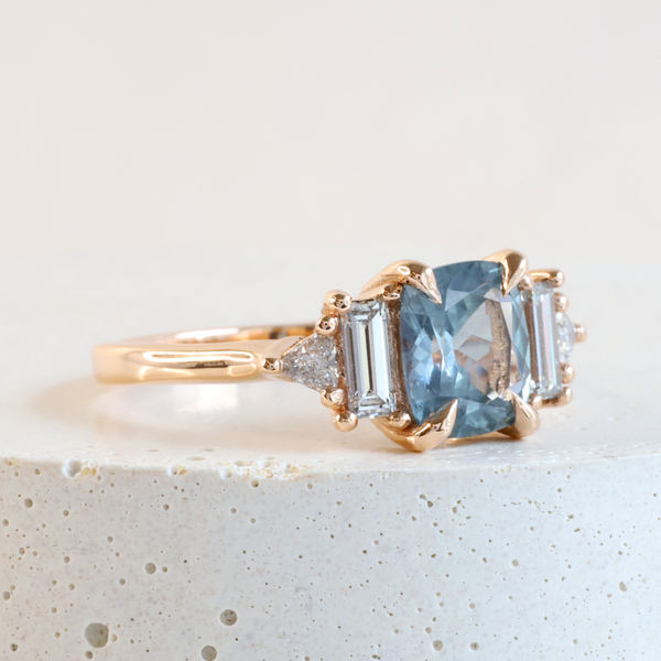 Ethical Jewellery & Engagement Rings Toronto - 1.56 ct Icy Blue Cushion Sapphire Five Stone Ring in Rose - FTJCo Fine Jewellery & Goldsmiths