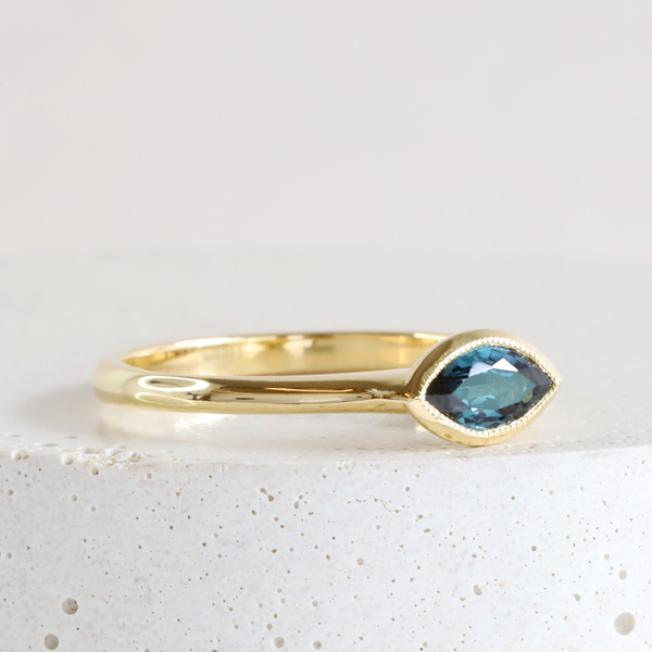 Ethical Jewellery & Engagement Rings Toronto - 0.44 ct Teal Sapphire Eleonora Marquise Bezel Ring in Fairmined Yellow Gold - FTJCo Fine Jewellery & Goldsmiths