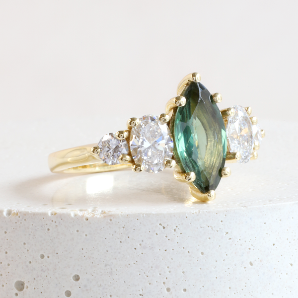 Ethical Jewellery & Engagement Rings Toronto - 1.45ct Forest Green Marquise Sapphire Five Stone Avery Ring in Yellow - FTJCo Fine Jewellery & Goldsmiths