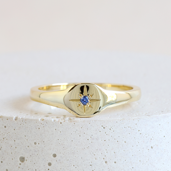 Ethical, Custom Ring-Blue Sapphire Petite Signet Ring with Ethical, Custom Ring-Blue Sapphire Petite Signet Ring with