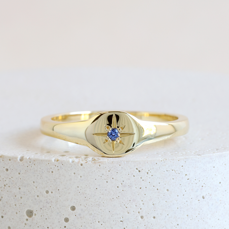 Ethical Jewellery & Engagement Rings Toronto - Blue Sapphire Petite Signet Ring with Star Engraving in Yellow Gold - FTJCo Fine Jewellery & Goldsmiths