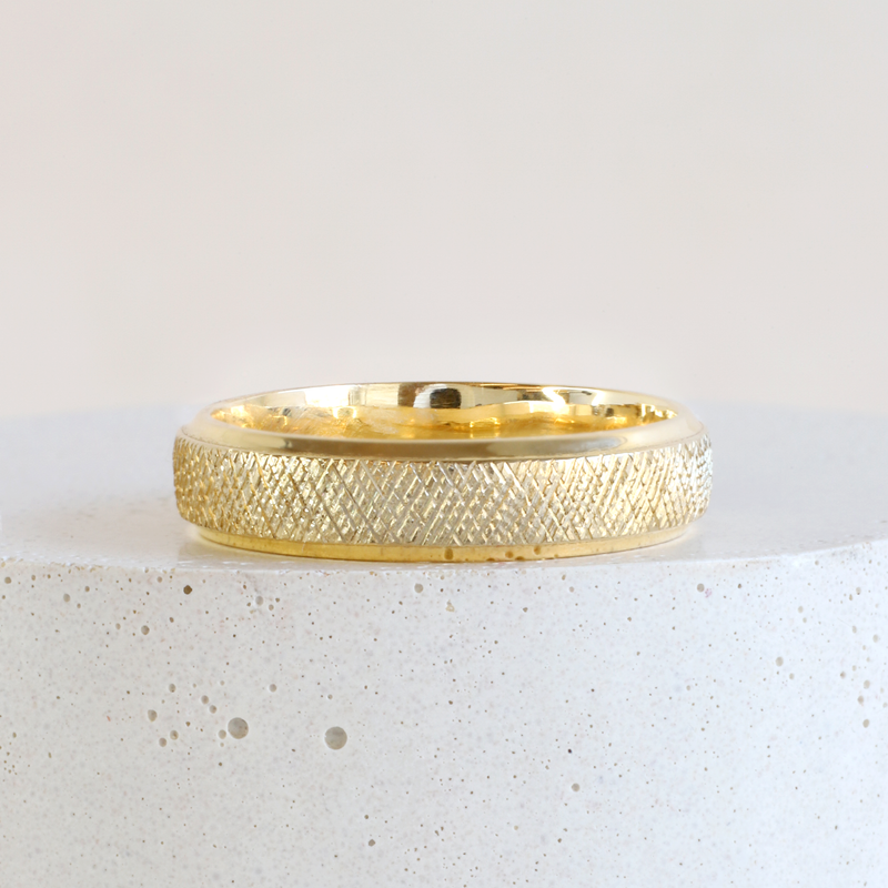 Ethical Jewellery & Engagement Rings Toronto - 5 mm Bevelled Low Dome Band with Knurling Finish in Yellow - FTJCo Fine Jewellery & Goldsmiths