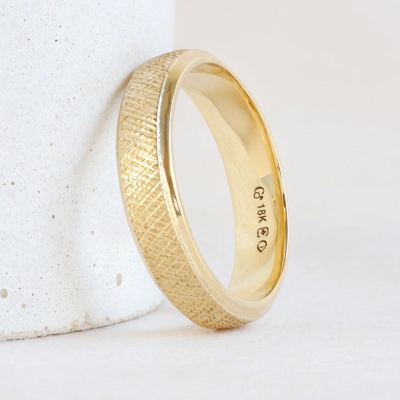 Ethical Jewellery & Engagement Rings Toronto - 5 mm Bevelled Low Dome Band with Knurling Finish in Yellow - FTJCo Fine Jewellery & Goldsmiths