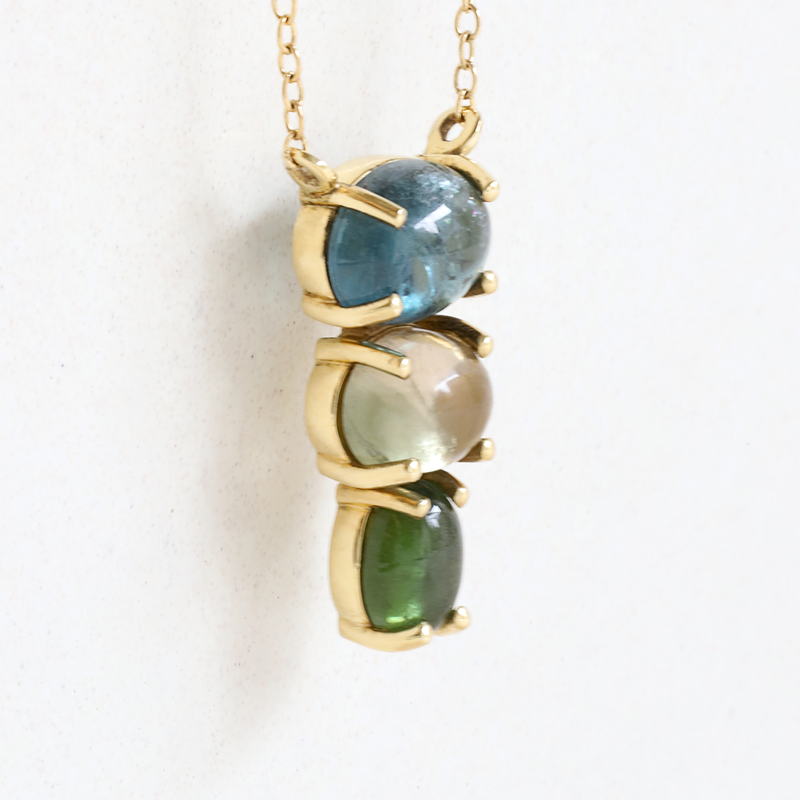 Three Stone Oval Tourmaline Pendant In Yellow Gold