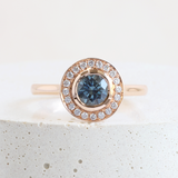 Ethical Jewellery & Engagement Rings Toronto - 0.84 ct Rainy Dreams Sapphire Love Note Bezel Halo in Rose - FTJCo Fine Jewellery & Goldsmiths