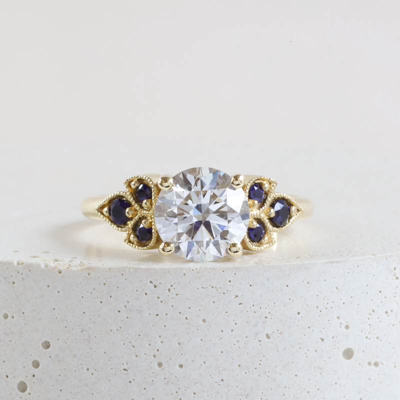 Ethical Jewellery & Engagement Rings Toronto - 1.36ct F VS1 8X Lab Diamond Frances Ring with Blue Sapphire Accents in Yellow Gold - FTJCo Fine Jewellery & Goldsmiths