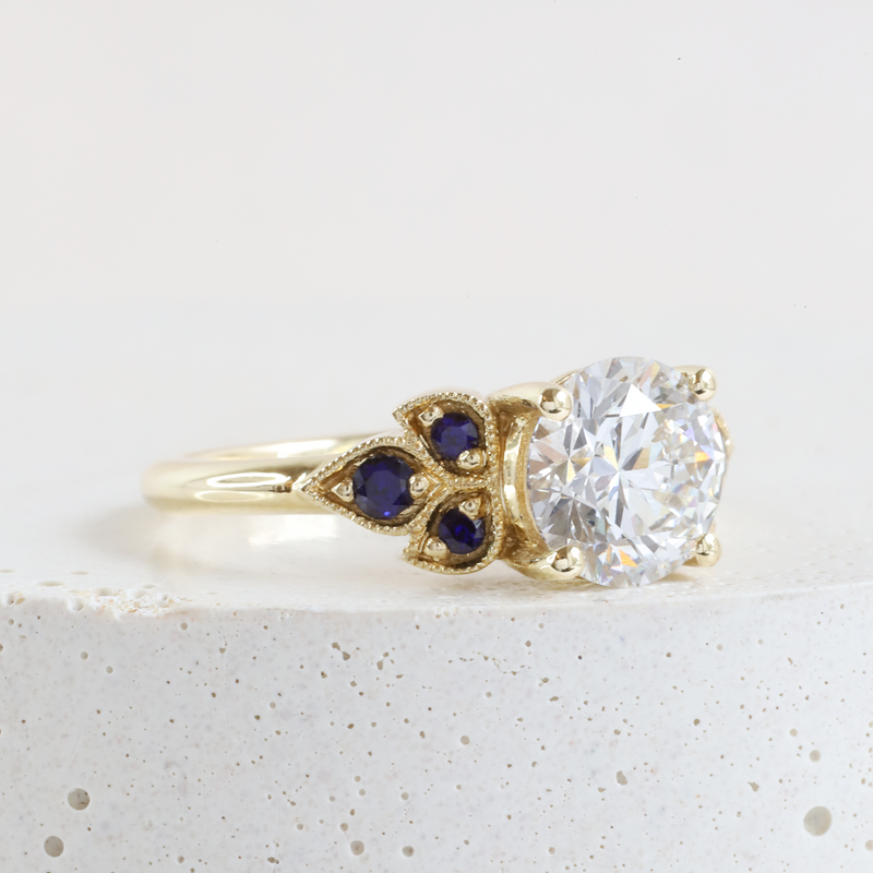Ethical Jewellery & Engagement Rings Toronto - 1.36ct F VS1 8X Lab Diamond Frances Ring with Blue Sapphire Accents in Yellow Gold - FTJCo Fine Jewellery & Goldsmiths