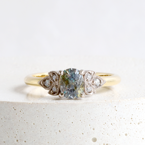 Ethical Jewellery & Engagement Rings Toronto - 0.78 ct Bi-colour Cushion-cut Montana Sapphire Frances Ring in Yellow & White - FTJCo Fine Jewellery & Goldsmiths