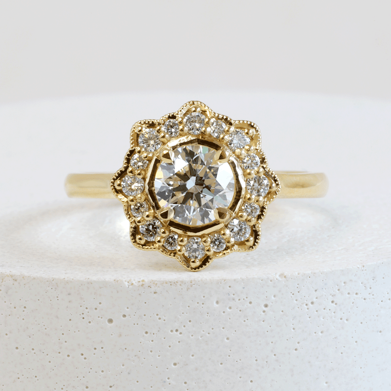 Ethical Jewellery & Engagement Rings Toronto - 0.70 ct G VVS2 Round Brilliant Flora Halo in Yellow Gold - FTJCo Fine Jewellery & Goldsmiths