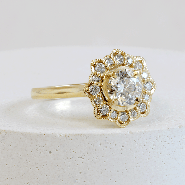 Ethical Jewellery & Engagement Rings Toronto - 0.70 ct G VVS2 Round Brilliant Flora Halo in Yellow Gold - FTJCo Fine Jewellery & Goldsmiths