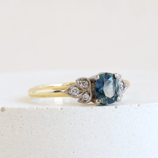 0.75 ct Peacock Blue Sapphire Bi-Colour Frances Ring in Yellow Gold