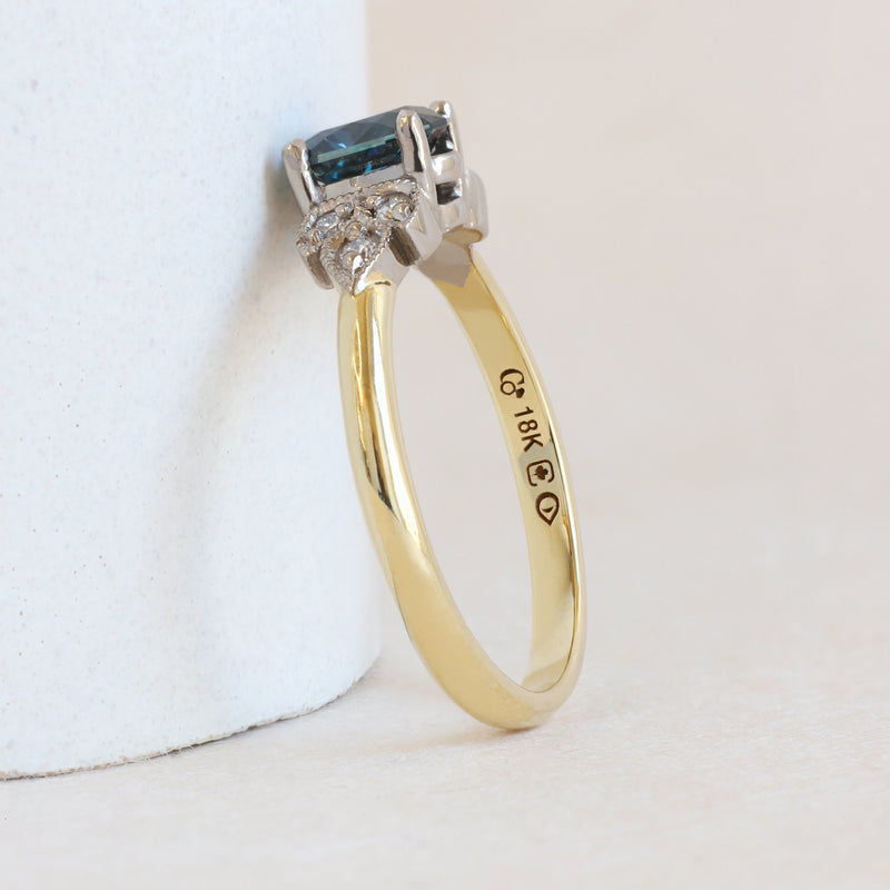 0.75 ct Peacock Blue Sapphire Bi-Colour Frances Ring in Yellow Gold