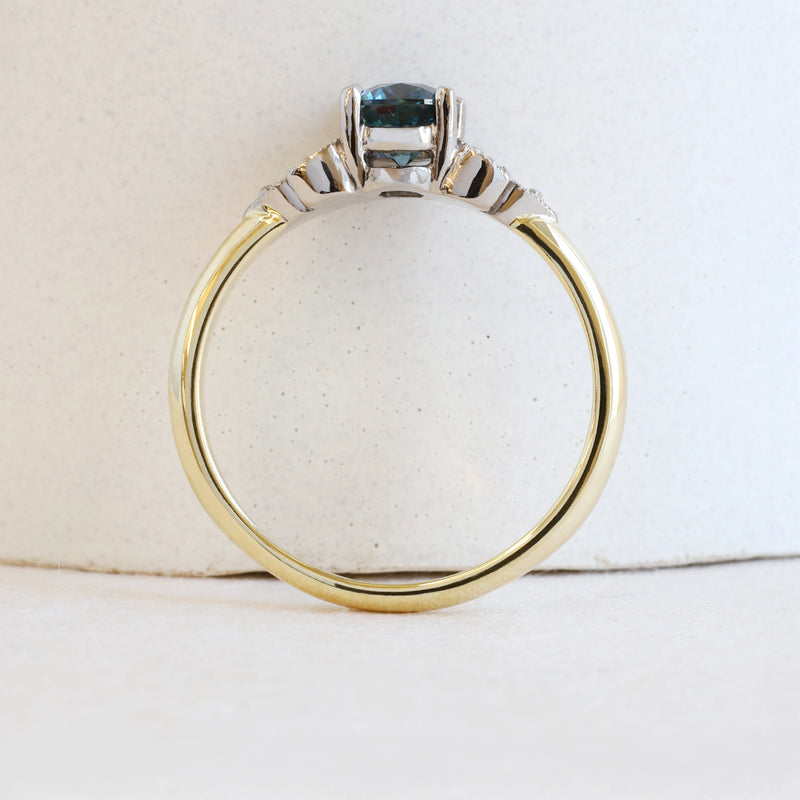 0.75 ct Peacock Blue Sapphire Bi-Colour Frances Ring in Yellow Gold