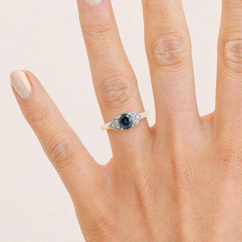 0.75 ct Peacock Blue Sapphire Bi-Colour Frances Ring in Yellow Gold