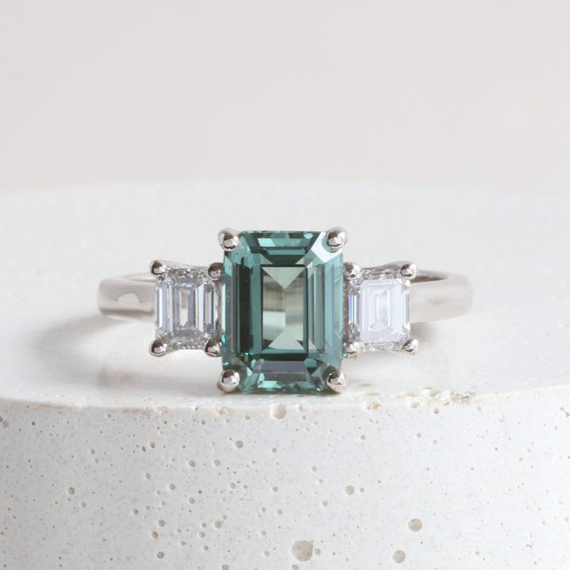 2.15 ct Deep Seafoam Green Three Stone Trellis in White Gold