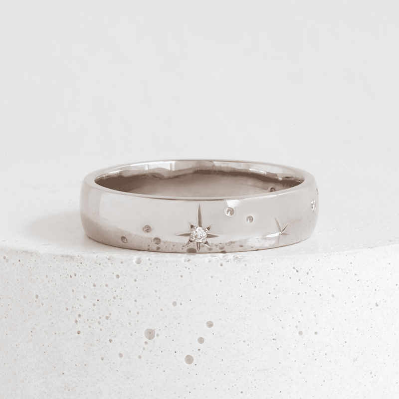 Ethical, Custom Ring-5 mm Starry Night Engraved Band in White