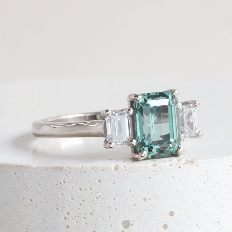 2.15 ct Deep Seafoam Green Three Stone Trellis in White Gold