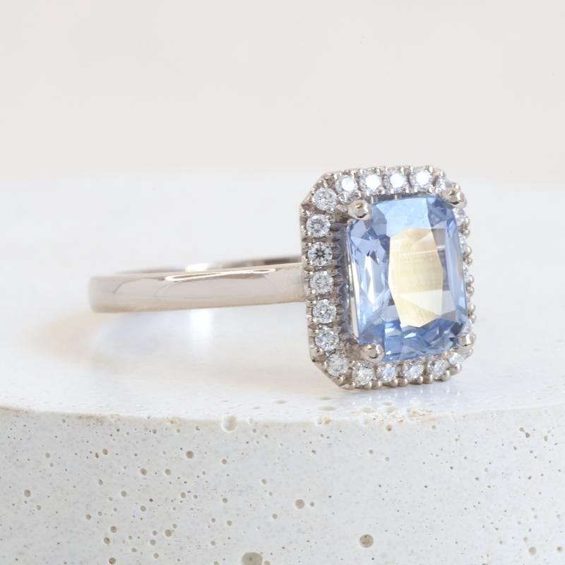 Ethical Jewellery & Engagement Rings Toronto - 1.94 ct Periwinkle Sapphire Octagonal Love Note Halo in White - FTJCo Fine Jewellery & Goldsmiths