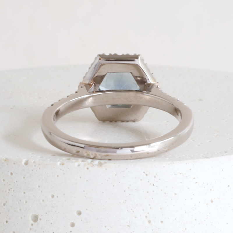 Ethical Jewellery & Engagement Rings Toronto - 1.60 ct Pale Blue-Teal Hex Halo with Pavé in White Gold - FTJCo Fine Jewellery & Goldsmiths