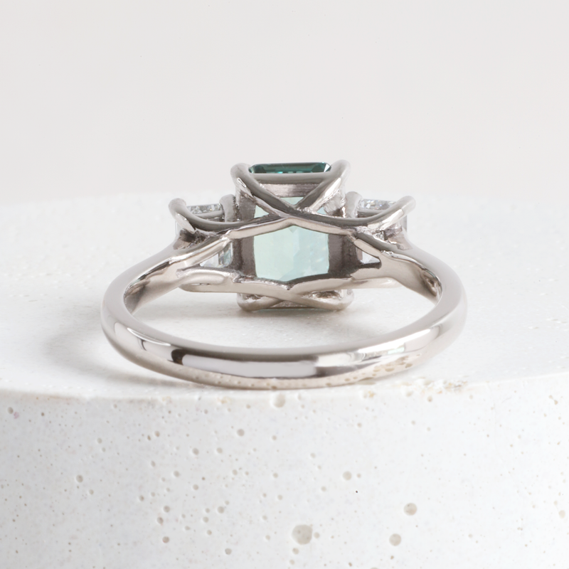 2.15 ct Deep Seafoam Green Three Stone Trellis in White Gold