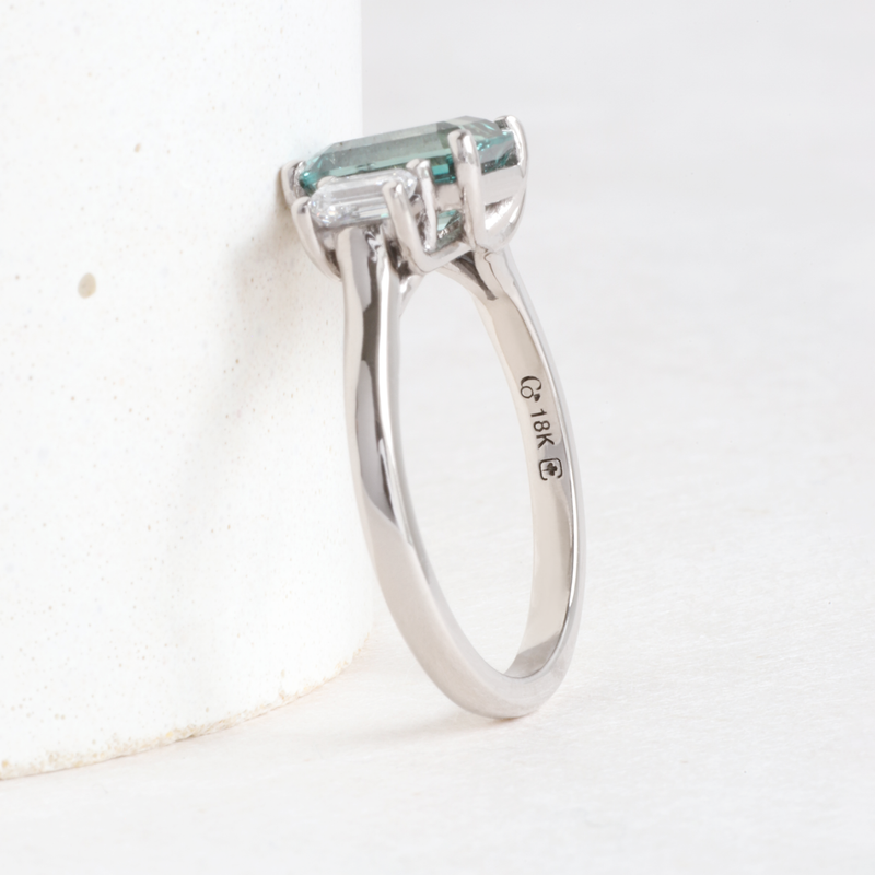 2.15 ct Deep Seafoam Green Three Stone Trellis in White Gold