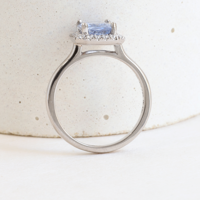 Ethical Jewellery & Engagement Rings Toronto - 1.94 ct Periwinkle Sapphire Octagonal Love Note Halo in White - FTJCo Fine Jewellery & Goldsmiths